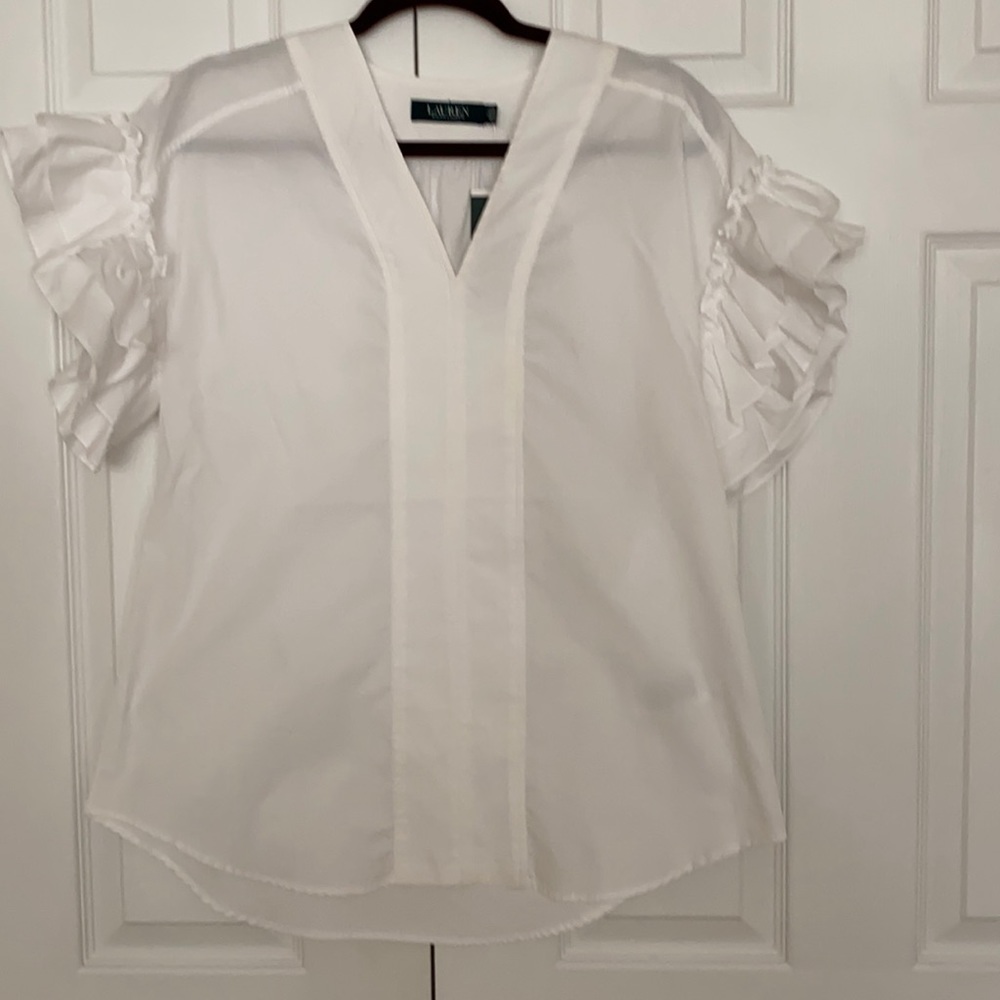 Ralph Lauren v neck, 100% cotton short sleeved white shirt, size M (NWT).